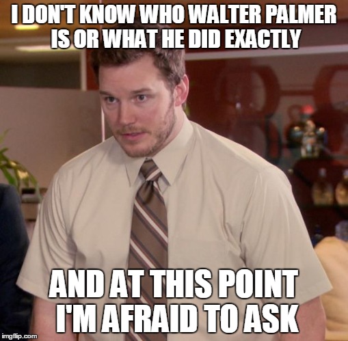 Afraid To Ask Andy Meme | I DON'T KNOW WHO WALTER PALMER IS OR WHAT HE DID EXACTLY AND AT THIS POINT I'M AFRAID TO ASK | image tagged in memes,afraid to ask andy | made w/ Imgflip meme maker