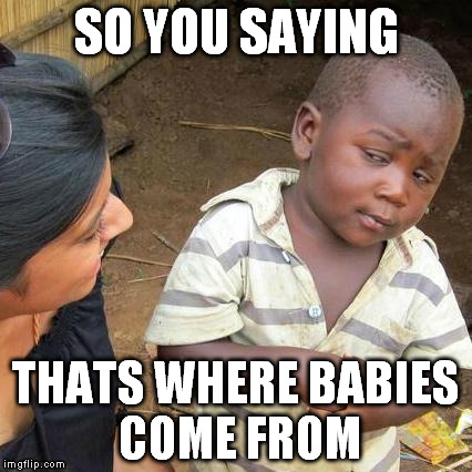 Third World Skeptical Kid Meme | SO YOU SAYING THATS WHERE BABIES COME FROM | image tagged in memes,third world skeptical kid | made w/ Imgflip meme maker