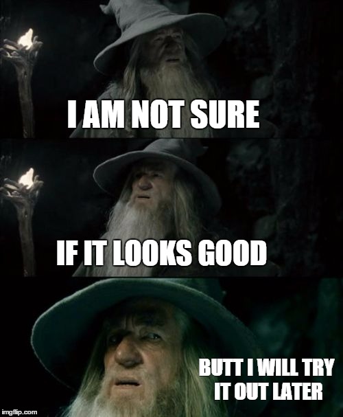 Confused Gandalf Meme | I AM NOT SURE IF IT LOOKS GOOD BUTT I WILL TRY IT OUT LATER | image tagged in memes,confused gandalf | made w/ Imgflip meme maker