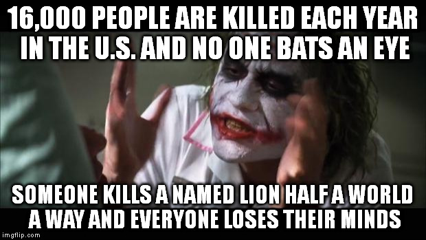 And everybody loses their minds | 16,000 PEOPLE ARE KILLED EACH YEAR IN THE U.S. AND NO ONE BATS AN EYE SOMEONE KILLS A NAMED LION HALF A WORLD A WAY AND EVERYONE LOSES THEIR | image tagged in memes,and everybody loses their minds | made w/ Imgflip meme maker