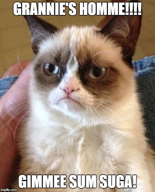 Grumpy Cat Meme | GRANNIE'S HOMME!!!! GIMMEE SUM SUGA! | image tagged in memes,grumpy cat | made w/ Imgflip meme maker