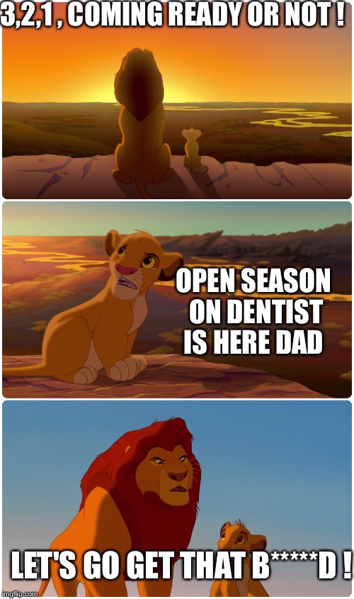 Lion King Meme | 3,2,1 , COMING READY OR NOT ! OPEN SEASON ON DENTIST IS HERE DAD LET'S GO GET THAT B*****D ! | image tagged in lion king meme | made w/ Imgflip meme maker