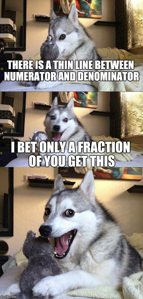 Bad Math Dog | THERE IS A THIN LINE BETWEEN NUMERATOR AND DENOMINATOR I BET ONLY A FRACTION OF YOU GET THIS | image tagged in memes,bad pun dog | made w/ Imgflip meme maker