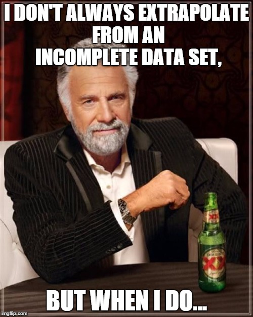 The Most Interesting Man In The World Meme | I DON'T ALWAYS EXTRAPOLATE FROM AN INCOMPLETE DATA SET, BUT WHEN I DO... | image tagged in memes,the most interesting man in the world | made w/ Imgflip meme maker