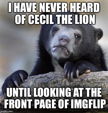 Confession Bear Meme | I HAVE NEVER HEARD OF CECIL THE LION UNTIL LOOKING AT THE FRONT PAGE OF IMGFLIP | image tagged in memes,confession bear | made w/ Imgflip meme maker