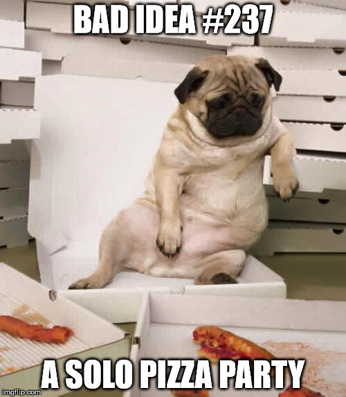 Pizzapug | BAD IDEA #237 A SOLO PIZZA PARTY | image tagged in pizzapug | made w/ Imgflip meme maker