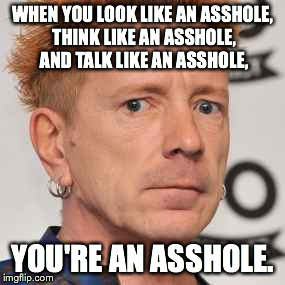 Johnny Rotten's Words of Wisdom | WHEN YOU LOOK LIKE AN ASSHOLE, THINK LIKE AN ASSHOLE, AND TALK LIKE AN ASSHOLE, YOU'RE AN ASSHOLE. | image tagged in johnny rotten | made w/ Imgflip meme maker