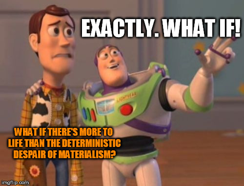 What if! | EXACTLY. WHAT IF! WHAT IF THERE'S MORE TO LIFE THAN THE DETERMINISTIC DESPAIR OF MATERIALISM? | image tagged in memes,materialism,what if,despair,more,x x everywhere | made w/ Imgflip meme maker