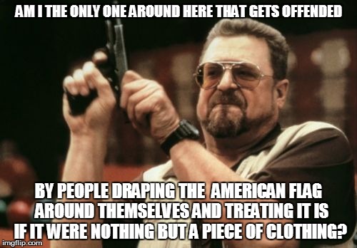 Am I The Only One Around Here Meme | AM I THE ONLY ONE AROUND HERE THAT GETS OFFENDED BY PEOPLE DRAPING THE  AMERICAN FLAG  AROUND THEMSELVES AND TREATING IT IS IF IT WERE NOTHI | image tagged in memes,am i the only one around here | made w/ Imgflip meme maker