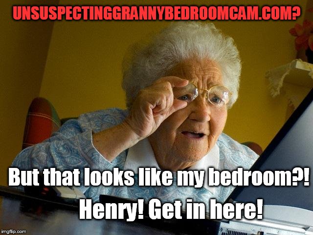 Say it ain't so granny! | UNSUSPECTINGGRANNYBEDROOMCAM.COM? Henry! Get in here! But that looks like my bedroom?! | image tagged in memes,grandma finds the internet | made w/ Imgflip meme maker