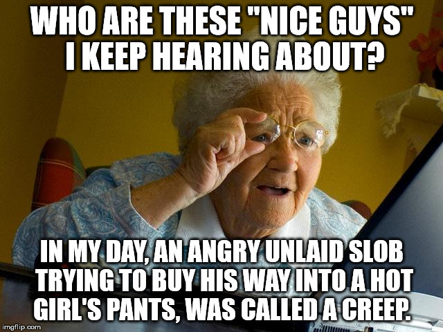 Grandma Finds The Internet Meme | WHO ARE THESE "NICE GUYS" I KEEP HEARING ABOUT? IN MY DAY, AN ANGRY UNLAID SLOB TRYING TO BUY HIS WAY INTO A HOT GIRL'S PANTS, WAS CALLED A  | image tagged in memes,grandma finds the internet | made w/ Imgflip meme maker