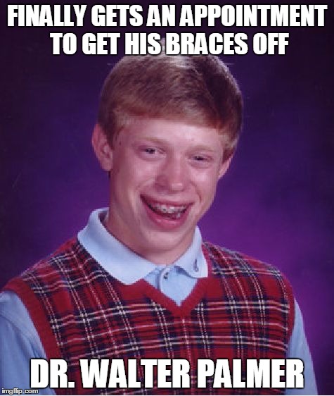 Bad Luck Brian | FINALLY GETS AN APPOINTMENT TO GET HIS BRACES OFF DR. WALTER PALMER | image tagged in memes,bad luck brian | made w/ Imgflip meme maker