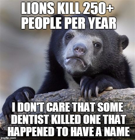 Confession Bear Meme | LIONS KILL 250+ PEOPLE PER YEAR I DON'T CARE THAT SOME DENTIST KILLED ONE THAT HAPPENED TO HAVE A NAME | image tagged in memes,confession bear | made w/ Imgflip meme maker