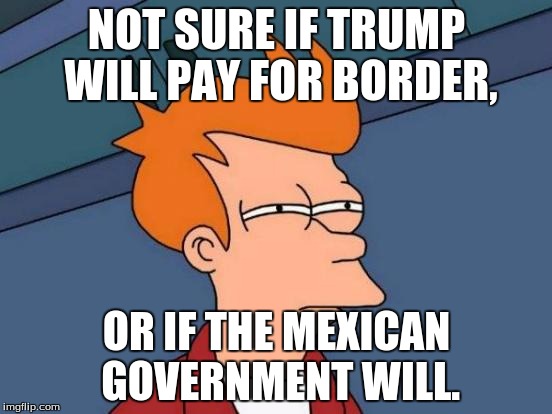 Futurama Fry | NOT SURE IF TRUMP WILL PAY FOR BORDER, OR IF THE MEXICAN GOVERNMENT WILL. | image tagged in memes,futurama fry | made w/ Imgflip meme maker