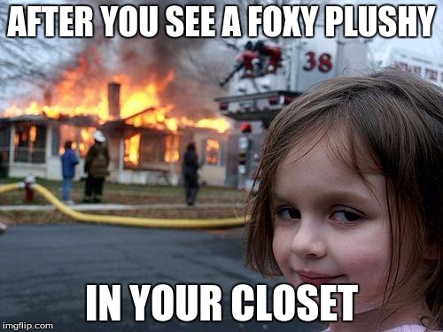 The Foxy Plushy is Love,
The Foxy Plushy is Life. | AFTER YOU SEE A FOXY PLUSHY IN YOUR CLOSET | image tagged in memes,fnaf,foxy five nights at freddy's,disaster girl | made w/ Imgflip meme maker