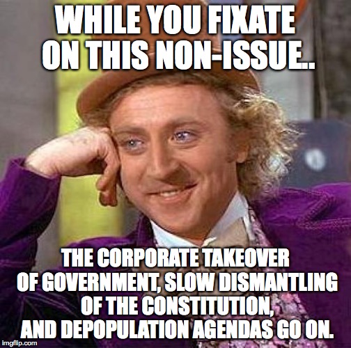 Creepy Condescending Wonka Meme | WHILE YOU FIXATE ON THIS NON-ISSUE.. THE CORPORATE TAKEOVER OF GOVERNMENT, SLOW DISMANTLING OF THE CONSTITUTION, AND DEPOPULATION AGENDAS GO | image tagged in memes,creepy condescending wonka | made w/ Imgflip meme maker