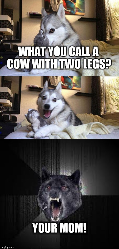 Bad Pun Dog Meme | WHAT YOU CALL A COW WITH TWO LEGS? YOUR MOM! | image tagged in memes,bad pun dog,insanity wolf | made w/ Imgflip meme maker