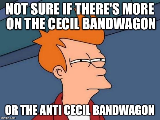 Futurama Fry | NOT SURE IF THERE'S MORE ON THE CECIL BANDWAGON OR THE ANTI CECIL BANDWAGON | image tagged in memes,futurama fry,AdviceAnimals | made w/ Imgflip meme maker