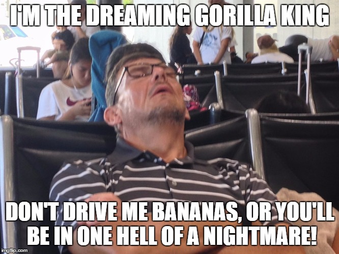 I'M THE DREAMING GORILLA KING DON'T DRIVE ME BANANAS, OR YOU'LL BE IN ONE HELL OF A NIGHTMARE! | image tagged in dreaming gorilla | made w/ Imgflip meme maker