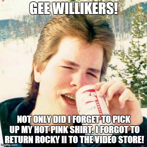 Everything about the eighties in one meme. | GEE WILLIKERS! NOT ONLY DID I FORGET TO PICK UP MY HOT PINK SHIRT. I FORGOT TO RETURN ROCKY II TO THE VIDEO STORE! | image tagged in memes,eighties teen | made w/ Imgflip meme maker