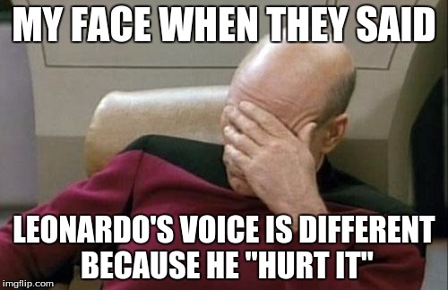 Captain Picard Facepalm | MY FACE WHEN THEY SAID LEONARDO'S VOICE IS DIFFERENT BECAUSE HE "HURT IT" | image tagged in memes,captain picard facepalm | made w/ Imgflip meme maker