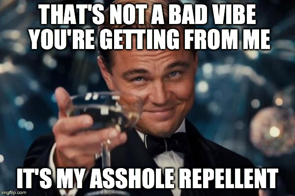 Leonardo Dicaprio Cheers | THAT'S NOT A BAD VIBE YOU'RE GETTING FROM ME IT'S MY ASSHOLE REPELLENT | image tagged in memes,leonardo dicaprio cheers | made w/ Imgflip meme maker