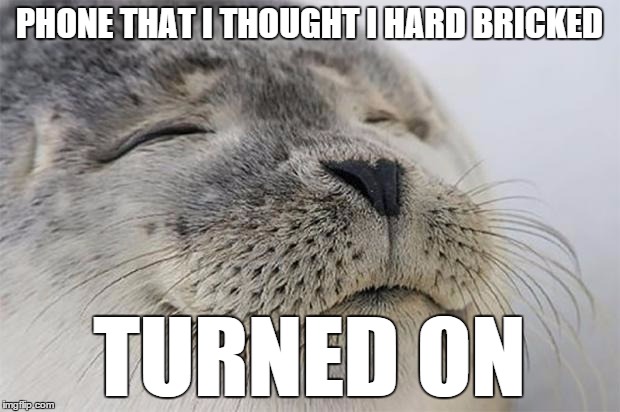 Satisfied Seal Meme | PHONE THAT I THOUGHT I HARD BRICKED TURNED ON | image tagged in memes,satisfied seal | made w/ Imgflip meme maker
