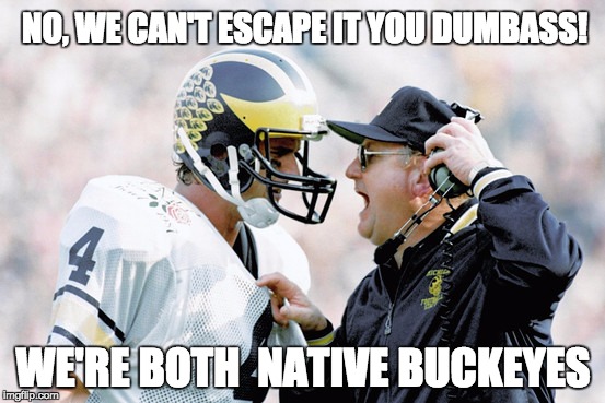 Buckeyes? | NO, WE CAN'T ESCAPE IT YOU DUMBASS! WE'RE BOTH  NATIVE BUCKEYES | image tagged in ohio state,michigan,college football,woody,blank chalkboard,for dummies | made w/ Imgflip meme maker