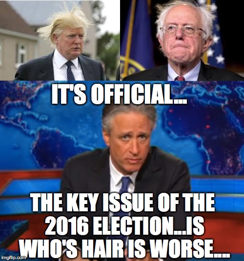 I'm A big fan of Bernie Sanders, But I found this funny | IT'S OFFICIAL... THE KEY ISSUE OF THE 2016 ELECTION...IS WHO'S HAIR IS WORSE.... | image tagged in bernie saners,donald trump,jon stewart reports | made w/ Imgflip meme maker