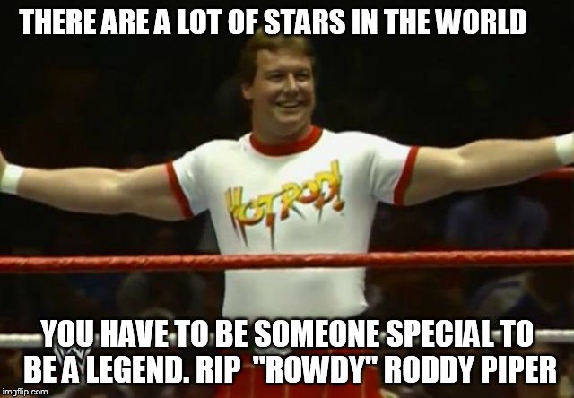 THERE ARE A LOT OF STARS IN THE WORLD YOU HAVE TO BE SOMEONE SPECIAL TO BE A LEGEND. RIP  "ROWDY" RODDY PIPER | image tagged in wrestler,roddypiper,rip | made w/ Imgflip meme maker