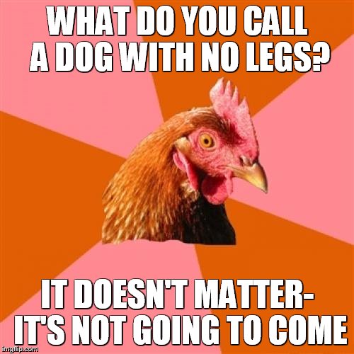 Anti Joke Chicken Meme | WHAT DO YOU CALL A DOG WITH NO LEGS? IT DOESN'T MATTER- IT'S NOT GOING TO COME | image tagged in memes,anti joke chicken | made w/ Imgflip meme maker