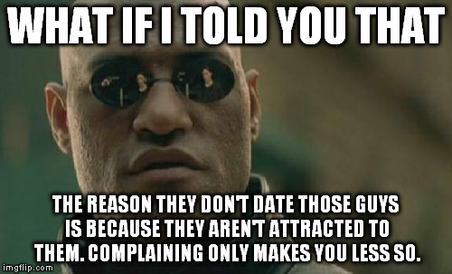 Matrix Morpheus Meme | WHAT IF I TOLD YOU THAT THE REASON THEY DON'T DATE THOSE GUYS IS BECAUSE THEY AREN'T ATTRACTED TO THEM. COMPLAINING ONLY MAKES YOU LESS SO. | image tagged in memes,matrix morpheus | made w/ Imgflip meme maker
