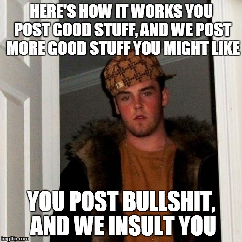 Scumbag Steve | HERE'S HOW IT WORKS
YOU POST GOOD STUFF, AND WE POST MORE GOOD STUFF YOU MIGHT LIKE YOU POST BULLSHIT, AND WE INSULT YOU | image tagged in memes,scumbag steve | made w/ Imgflip meme maker