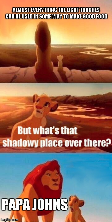 A message to all. I know people who work there. Horrible ingredients, pricing, kitchen cleanliness and CEO ideas! SAVE YOURSELF! | ALMOST EVERYTHING THE LIGHT TOUCHES CAN BE USED IN SOME WAY TO MAKE GOOD FOOD PAPA JOHNS | image tagged in memes,simba shadowy place | made w/ Imgflip meme maker