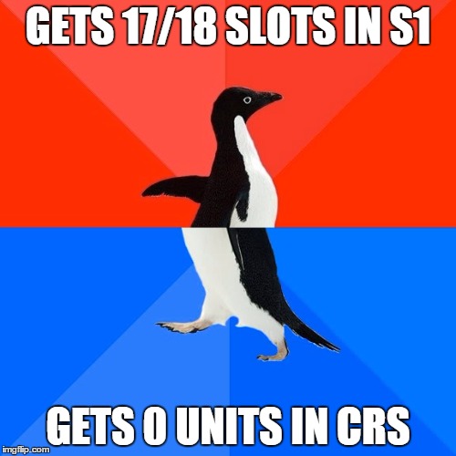 Socially Awesome Awkward Penguin | GETS 17/18 SLOTS IN S1 GETS 0 UNITS IN CRS | image tagged in memes,socially awesome awkward penguin | made w/ Imgflip meme maker