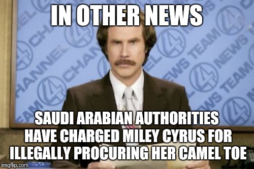 Ron Burgundy Meme | IN OTHER NEWS SAUDI ARABIAN AUTHORITIES HAVE CHARGED MILEY CYRUS FOR ILLEGALLY PROCURING HER CAMEL TOE | image tagged in memes,ron burgundy | made w/ Imgflip meme maker
