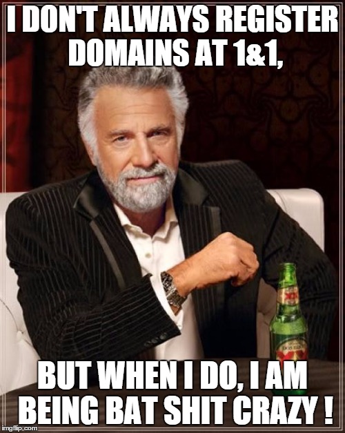 The Most Interesting Man In The World Meme | I DON'T ALWAYS REGISTER DOMAINS AT 1&1, BUT WHEN I DO, I AM BEING BAT SHIT CRAZY ! | image tagged in memes,the most interesting man in the world | made w/ Imgflip meme maker