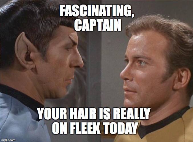 Fascinating Captain | FASCINATING, CAPTAIN YOUR HAIR IS REALLY ON FLEEK TODAY | image tagged in sassy spock,star trek | made w/ Imgflip meme maker