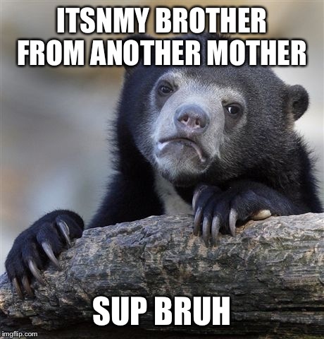 Confession Bear Meme | ITSNMY BROTHER FROM ANOTHER MOTHER SUP BRUH | image tagged in memes,confession bear | made w/ Imgflip meme maker