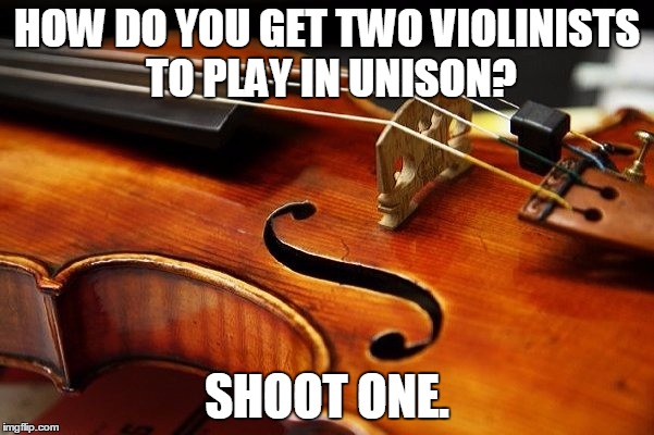 Shoot one of them | HOW DO YOU GET TWO VIOLINISTS TO PLAY IN UNISON? SHOOT ONE. | image tagged in violin,unision,two violins,music,meme | made w/ Imgflip meme maker