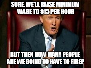 Donald Trump | SURE, WE'LL RAISE MINIMUM WAGE TO $15 PER HOUR BUT THEN HOW MANY PEOPLE ARE WE GOING TO HAVE TO FIRE? | image tagged in donald trump | made w/ Imgflip meme maker