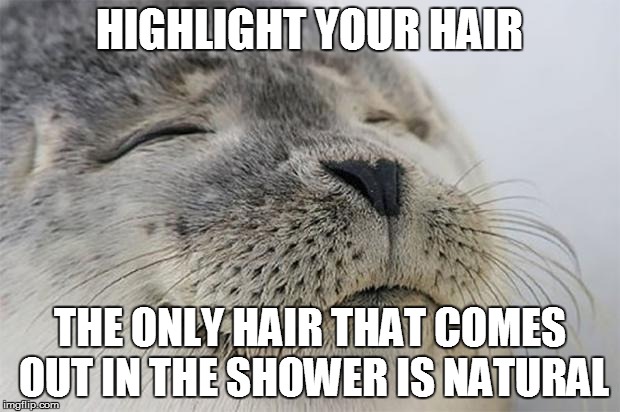 Satisfied Seal Meme | HIGHLIGHT YOUR HAIR THE ONLY HAIR THAT COMES OUT IN THE SHOWER IS NATURAL | image tagged in memes,satisfied seal,TrollXChromosomes | made w/ Imgflip meme maker