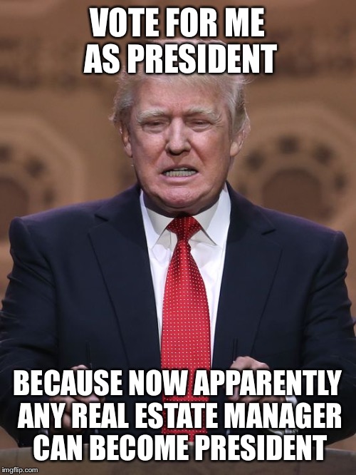 Donald Trump | VOTE FOR ME AS PRESIDENT BECAUSE NOW APPARENTLY ANY REAL ESTATE MANAGER CAN BECOME PRESIDENT | image tagged in donald trump | made w/ Imgflip meme maker
