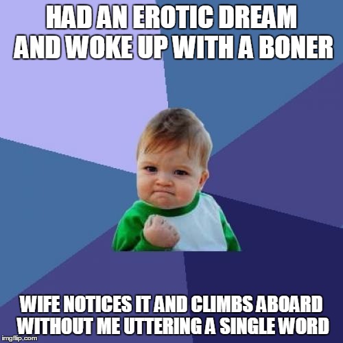 Success Kid Meme | HAD AN EROTIC DREAM AND WOKE UP WITH A BONER WIFE NOTICES IT AND CLIMBS ABOARD WITHOUT ME UTTERING A SINGLE WORD | image tagged in memes,success kid,AdviceAnimals | made w/ Imgflip meme maker
