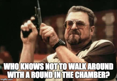 Am I The Only One Around Here | WHO KNOWS NOT TO WALK AROUND WITH A ROUND IN THE CHAMBER? | image tagged in memes,am i the only one around here | made w/ Imgflip meme maker