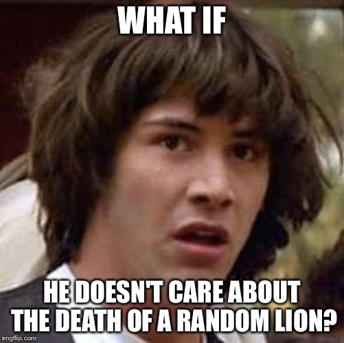 Conspiracy Keanu Meme | WHAT IF HE DOESN'T CARE ABOUT THE DEATH OF A RANDOM LION? | image tagged in memes,conspiracy keanu | made w/ Imgflip meme maker