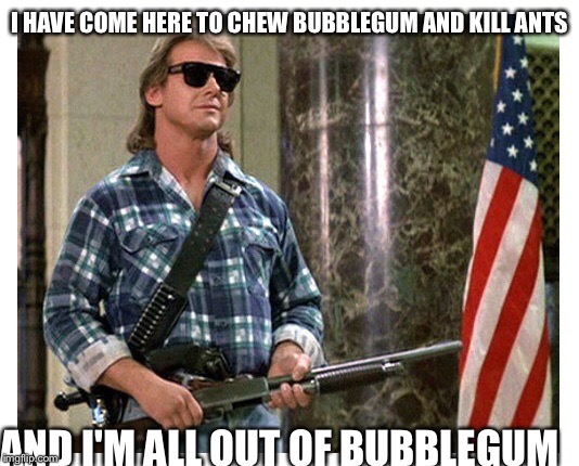 I HAVE COME HERE TO CHEW BUBBLEGUM AND KILL ANTS AND I'M ALL OUT OF BUBBLEGUM | image tagged in insane rod | made w/ Imgflip meme maker