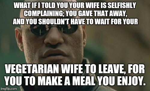 Matrix Morpheus Meme | WHAT IF I TOLD YOU YOUR WIFE IS SELFISHLY COMPLAINING; YOU GAVE THAT AWAY, AND YOU SHOULDN'T HAVE TO WAIT FOR YOUR VEGETARIAN WIFE TO LEAVE, | image tagged in memes,matrix morpheus | made w/ Imgflip meme maker