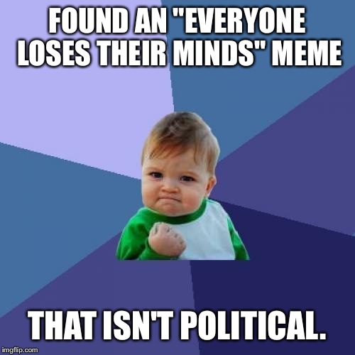 Success Kid | FOUND AN "EVERYONE LOSES THEIR MINDS" MEME THAT ISN'T POLITICAL. | image tagged in memes,success kid | made w/ Imgflip meme maker