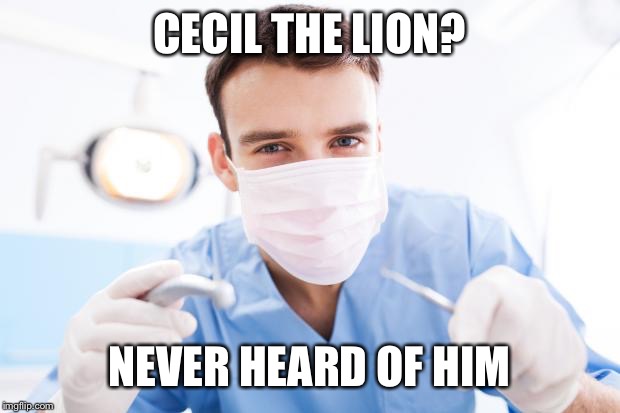 Dentist | CECIL THE LION? NEVER HEARD OF HIM | image tagged in dentist | made w/ Imgflip meme maker